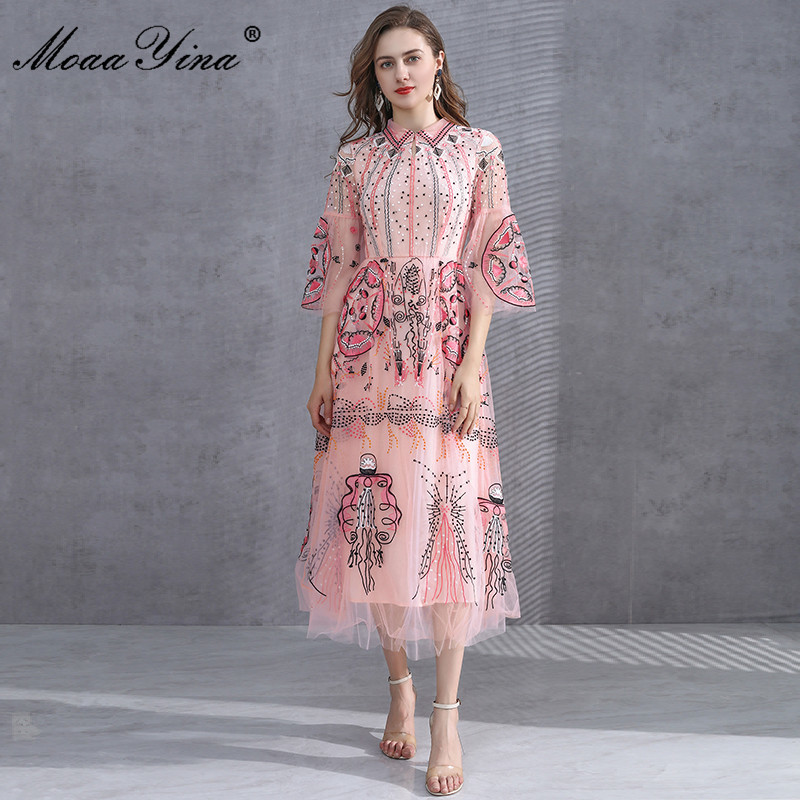 

Fashion Designer dress Spring Women Dress Flare Sleeve Mesh Embroidery High Quality Dresses 210524, Pink