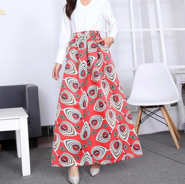 

Skirts Autumn Winter Women 2021 Jupe Longue High Waist Pockets Long Skirt Vintage Chic Floral Striped Print Maxi Plus Size, 1090 23