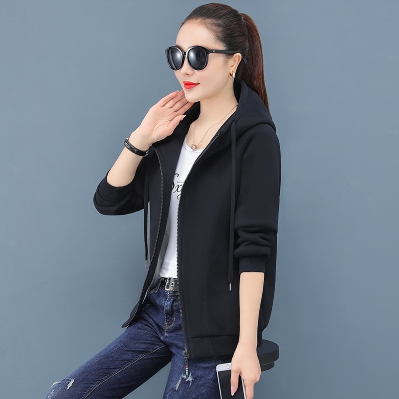 

Solid color sweater 2021 spring and autumn new loose large zipper hooded women's jacket public edition fashion, Black