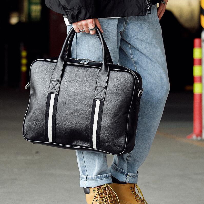 

Factory wholesale men bag striped business handbag fashion leather horizontal laptop bags personalized contrast leathers shoulder handbags, Black