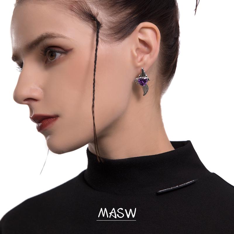 

Stud MASW Original Design Purple Heart Earrings 2021 Trend Metal Geometric Brass Zircon Women Jewelry, Golden;silver