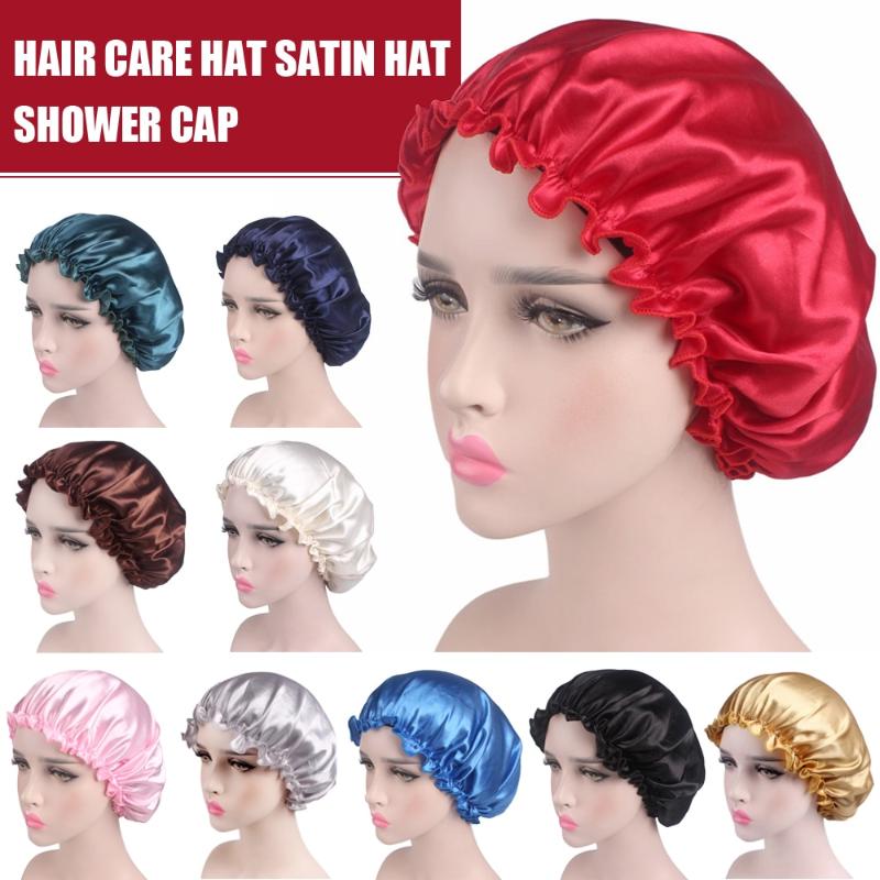 

Elastic 58cm Fashion Women Shower Cap Satin Night Sleep Hair Bonnet Hat Silk Head Cover Wide Band Caps