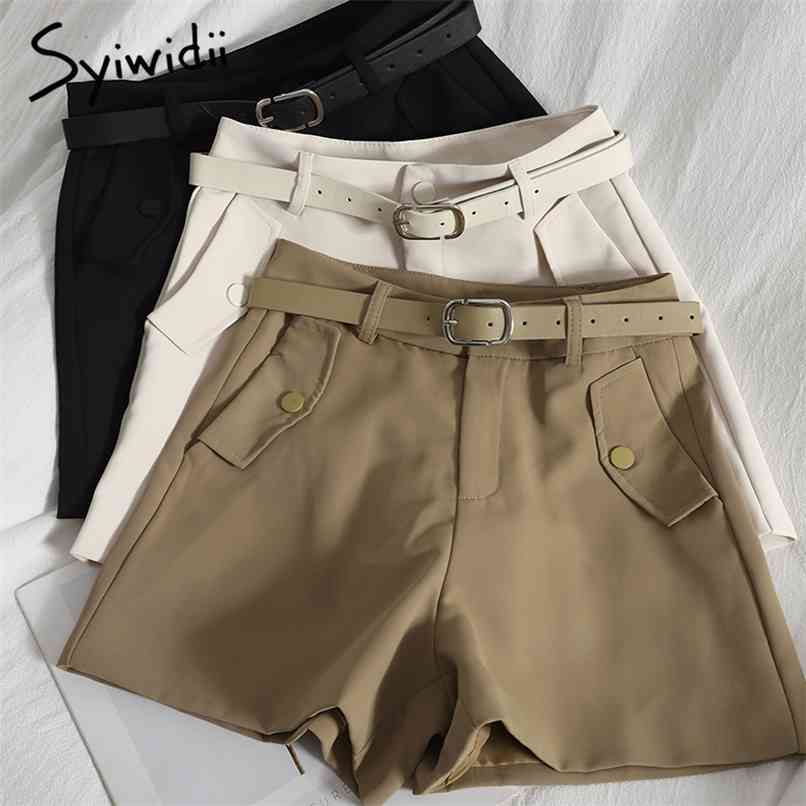

Fashion Pockets High Waist Women's Shorts Sashes Zipper Button Up Casual Solid Black Clothing Spring Summer Korean 210607, Beige