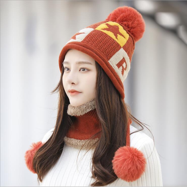 

on sale Autumn winter new woolen women plus cashmere knitted Hats & Scarves Sets GSZM019a fashion Five-pointed star warm hat and scarf set cap