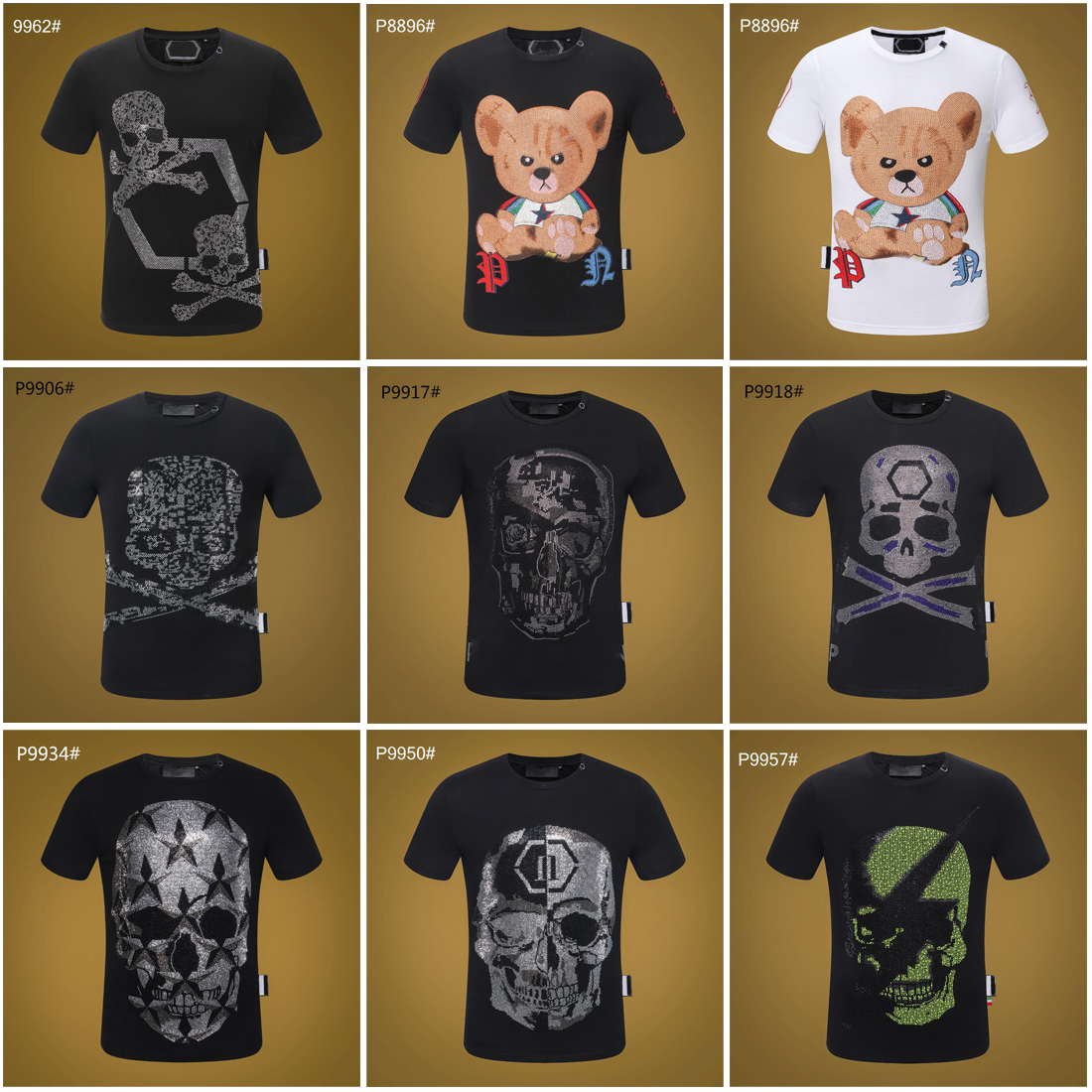 

PP Fashion Men's Designer slim fit T-shirt Summer rhinestone Short Sleeve Round Neck shirt tee Skulls Print Tops Streetwear collar Polos M-xxxL 2004, # 9
