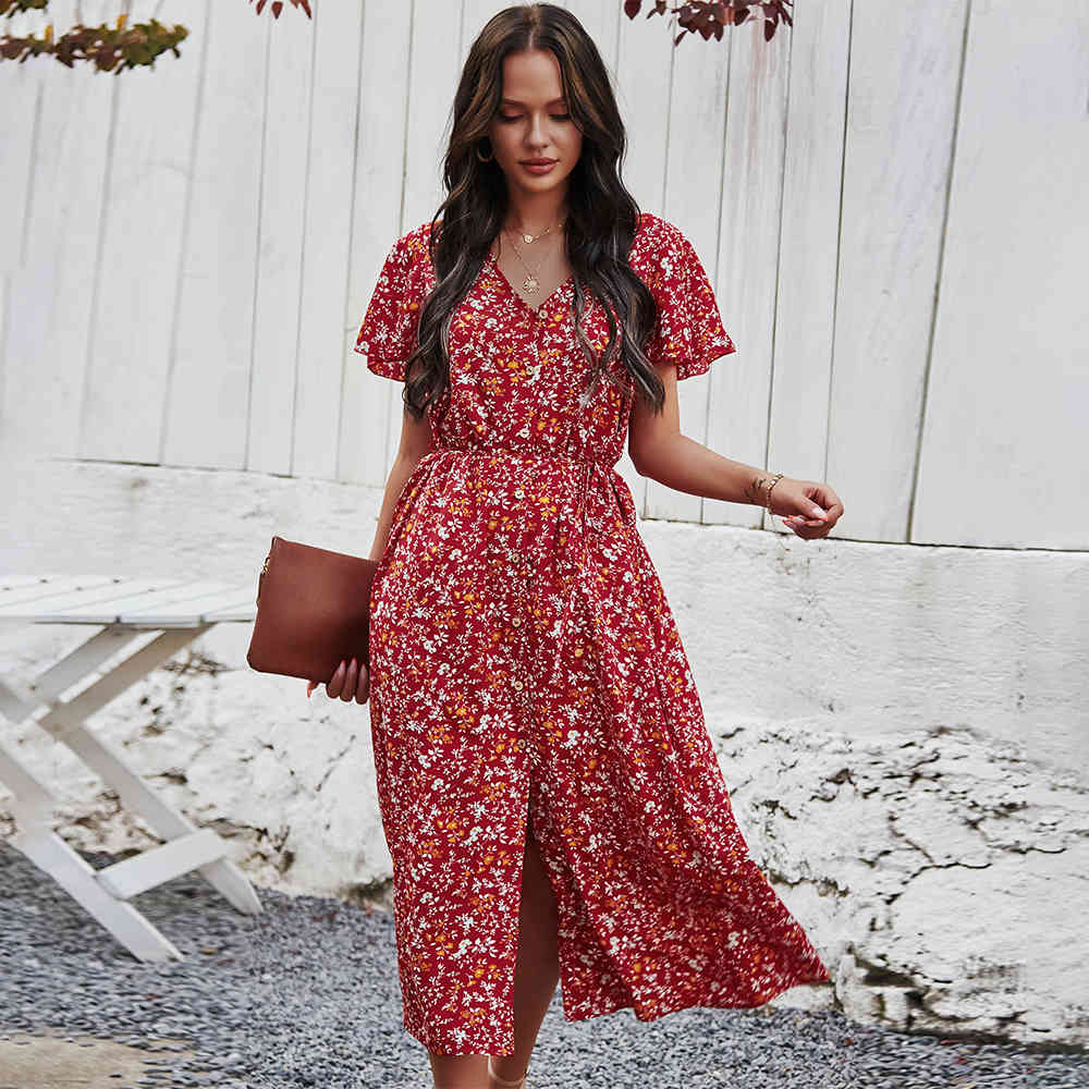 

Summer Dress Women Sexy V Neck Button Vintage Floral Printed Bohemian Maxi Dresses Woman Casual Beach Holiday Dress Vestido 210521, Red