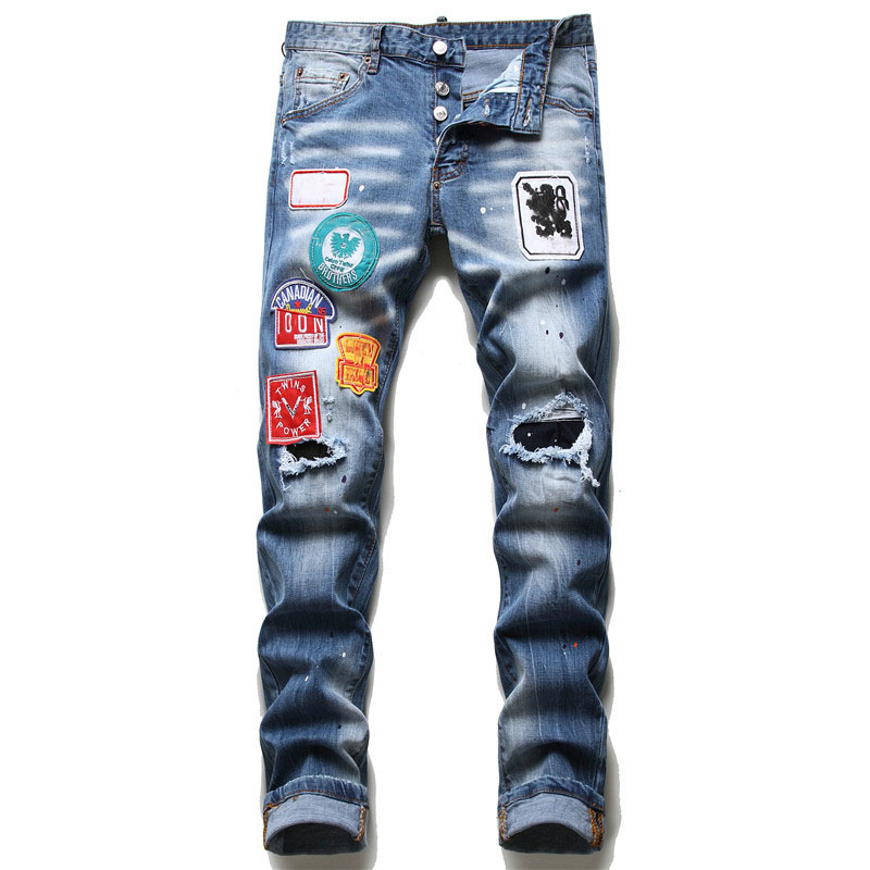 

Fashion Men Ripped Slim Fit Jeans Destroyed Skinny Straight Tapered Leg Washed Design Mens Frayed Motocycle Denim Pants Hip Hop Stretch Biker Men's Trousers 1203