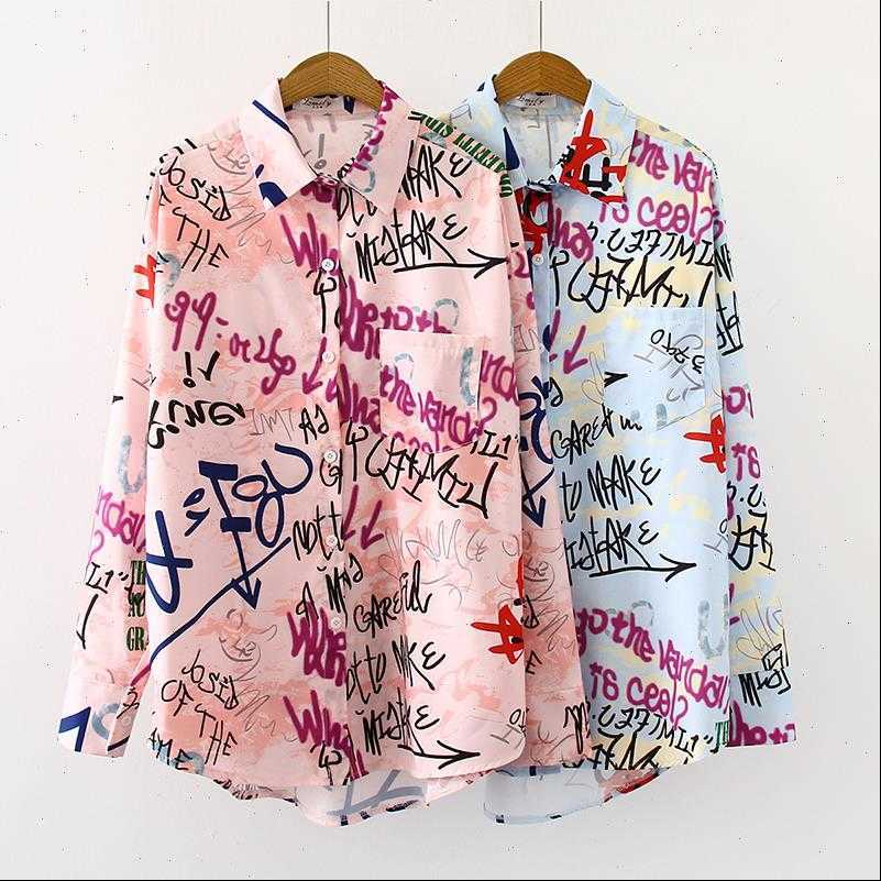 

6colors graffiti letter printing womens shirt women blouses fashion blouse streetwear turn down collar long sleeve loose blusas mujer, White
