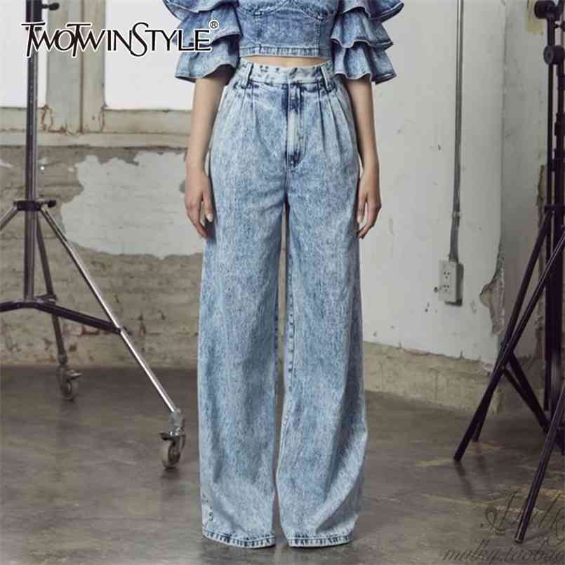 

Casual Wide Leg Pants For Women High Waist Pocket Ruched Large Size Loose Jeans Female Summer Fashion 210521, Blue