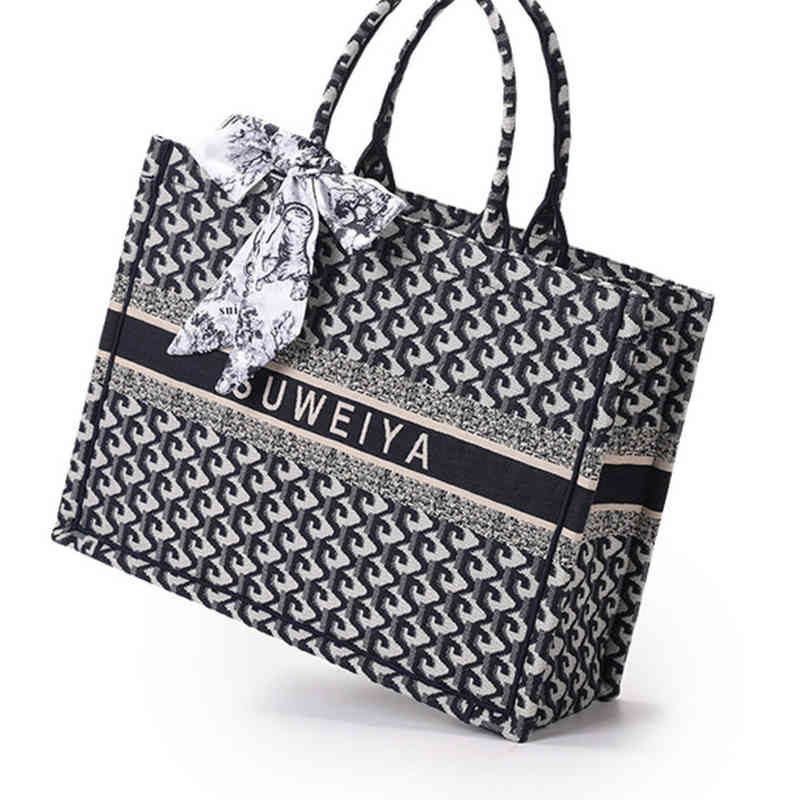 

New portable canvas bag large capacity fashion Printed Tote Bag single shoulder Purses womens version totes Messenger bags, Grey with silk scarf