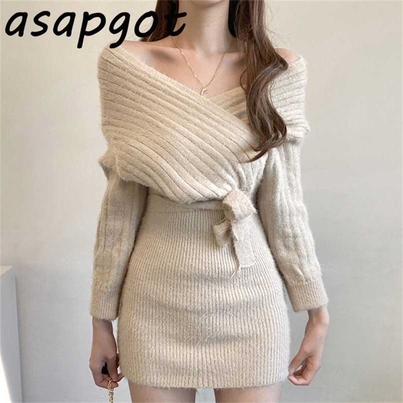 

Chic Elegant Slim Cross V-neck Lace Up Waist Knitted Dress Wrap Hip Sweater Short Casual Vintage Wild Autumn Solid 211109, White