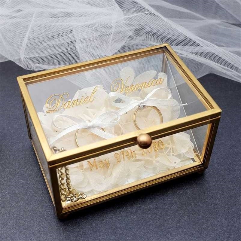 

Personalized Wedding Ring Box,Engagement Box,Gold Glass Box, Custom Holder,Engraved Names Date 211014