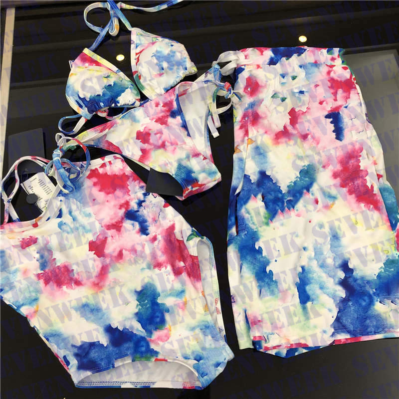 

Watercolor Letter Womens Swimwear Bikinis Kids Swimsuit Designers Mens Beach Shorts Summer Vacation Parent-child Outfit, Pink