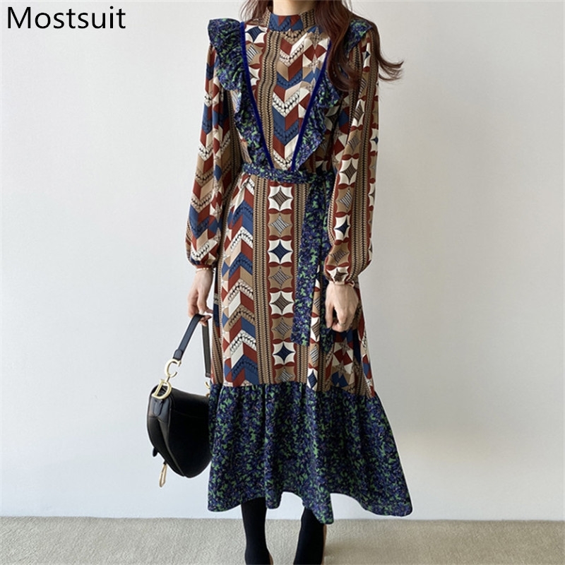 

Spring Korean Vintage Printed Ruffles Long Dress Women Sleeve O-neck Belted Fashion Office Pleated Vestidos Dresses 210518, Brown