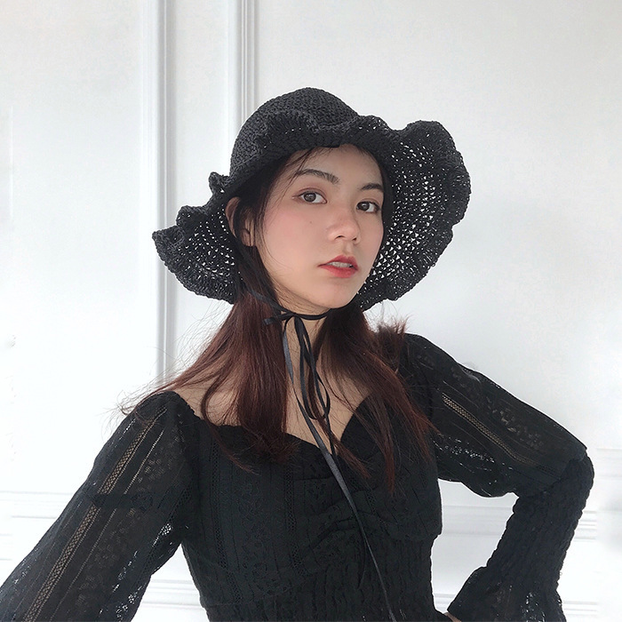 

Sweet Lori style lace straw hat girl summer lovely soft girl court style foldable sunshade hat, Beige