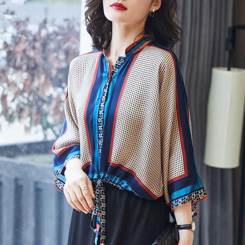 

Women's Blouses & Shirts Women Plus Size Blusas 2021 Spring Fashion Chiffon Prints Button Splicing Irregular Bandage Skinny Tops Woman, Blue