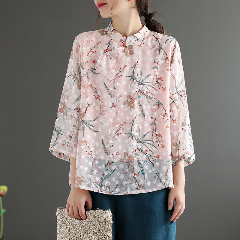 

Johnature Retro Print Stand Plate Buckle Three Quarter Sleeve Fashion T-shirt Autumn Loose All-match Women Tops T-shirt 210521, Blue