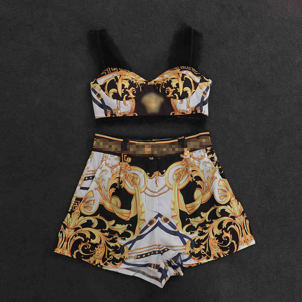

Vintage Palace Style Tank Top Shorts Two Piece Set Women Baroque Print Bra + Beach Shorts, New Summer Casual Streetwear X0428, Gray
