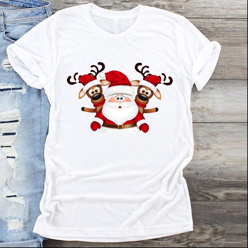 

women santa claus deer short sleeve cartoon merry christmas print clothes graphic t shirt ladies female tshirts tee, White