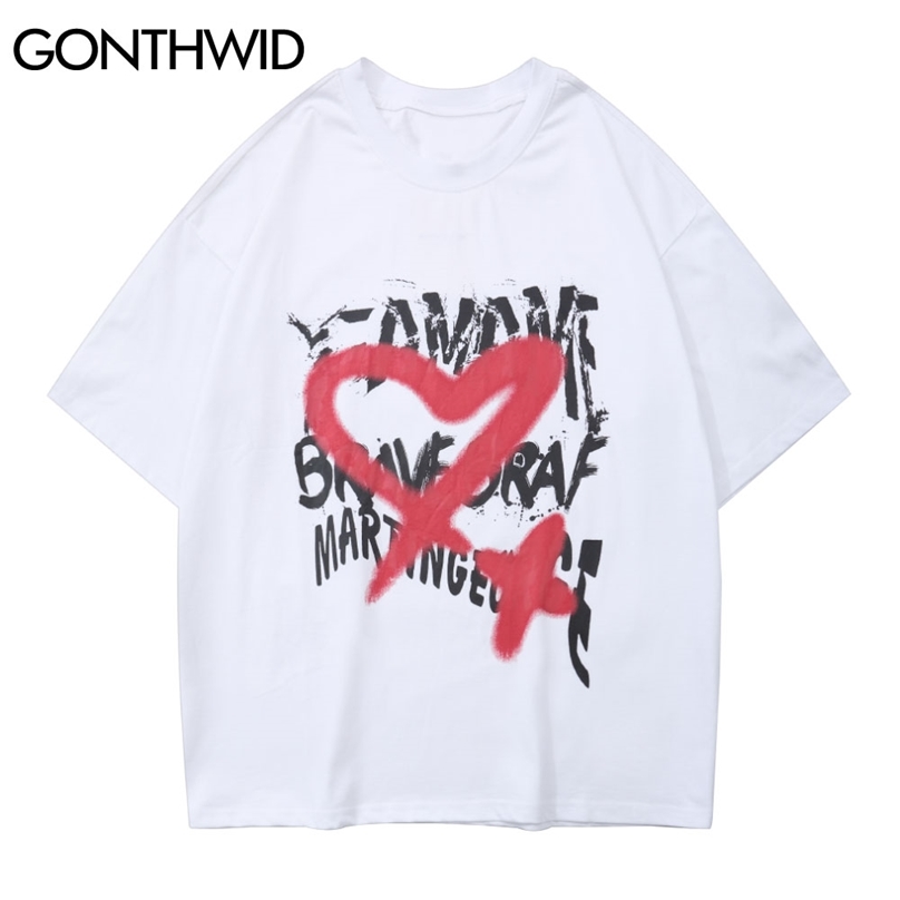 

Streetwear T-Shirt Hip Hop Graffiti Heart Short Sleeve Tshirts Harajuku Fashion Casual Cotton Loose Tees Shirts Tops 210602, Black