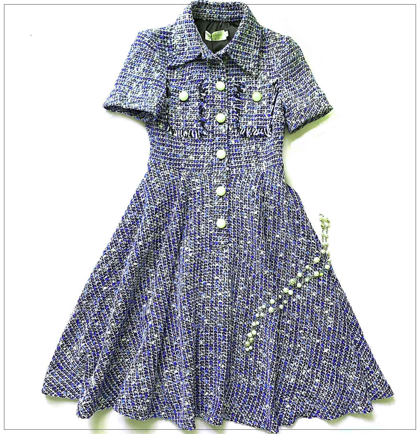 

Casual Dresses French style of elegant a-line women pockets ed 2021 spring high quality mark short sleeve tweed b920, Cyan