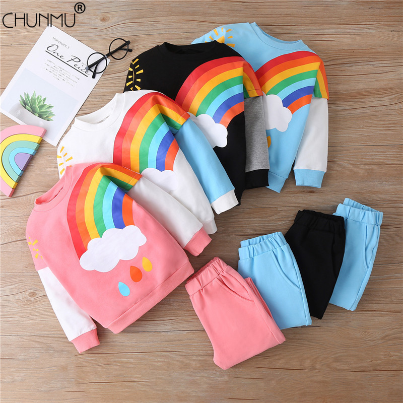 

Baby Boys Spring Clothing Sets Rainbow Print Stitching Toddler Clothes Sweatshirt Pants Outfit Suit Kids Children 210508, Black