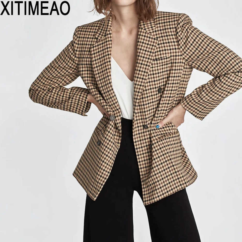 

ZA Women Fashion Office Wear Double Breasted Blazers Coat Vintage Long Sleeve Pockets Female Outerwear Chic Tops 210604, As picture