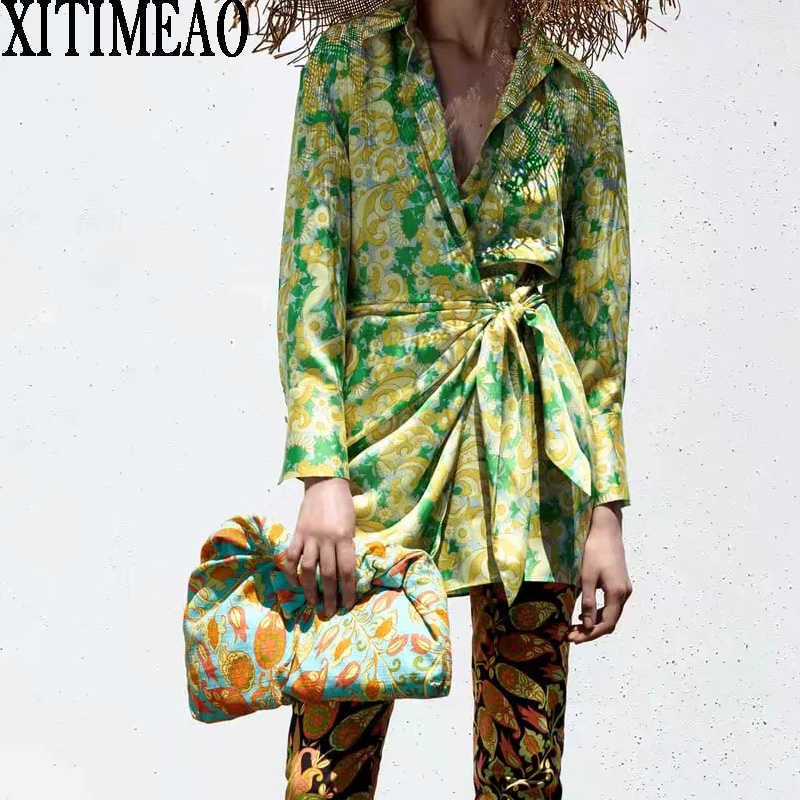 

Za Autumn Retro Printing Dress Long Sleeve Shirt Collar Women Spring Casual Straight Lace Up Slim Female Mini 210602, Green