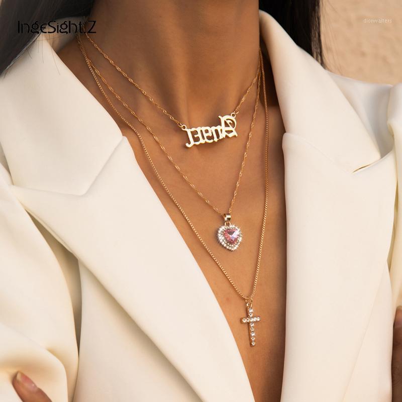 

IngeSight.Z 3Pcs/Set Pink Color Rhinestones Love Heart Cross Pendant Necklace Initial Letter Choker Necklaces For Women Jewelry Chains