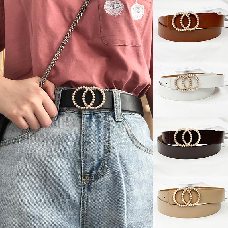 

Belts Fashion Women Luxury Designer Belt Leather For Jeans Dresses Round Pearl Studded Buckle Girls Ladies Decorative Waistband, Black;brown