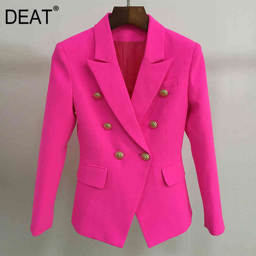 

autumn Fushia Blazer Women Office Ladies Gold Double Breasted Buttons Rose Pink Fashion coat MG418 210525, Fuchsia