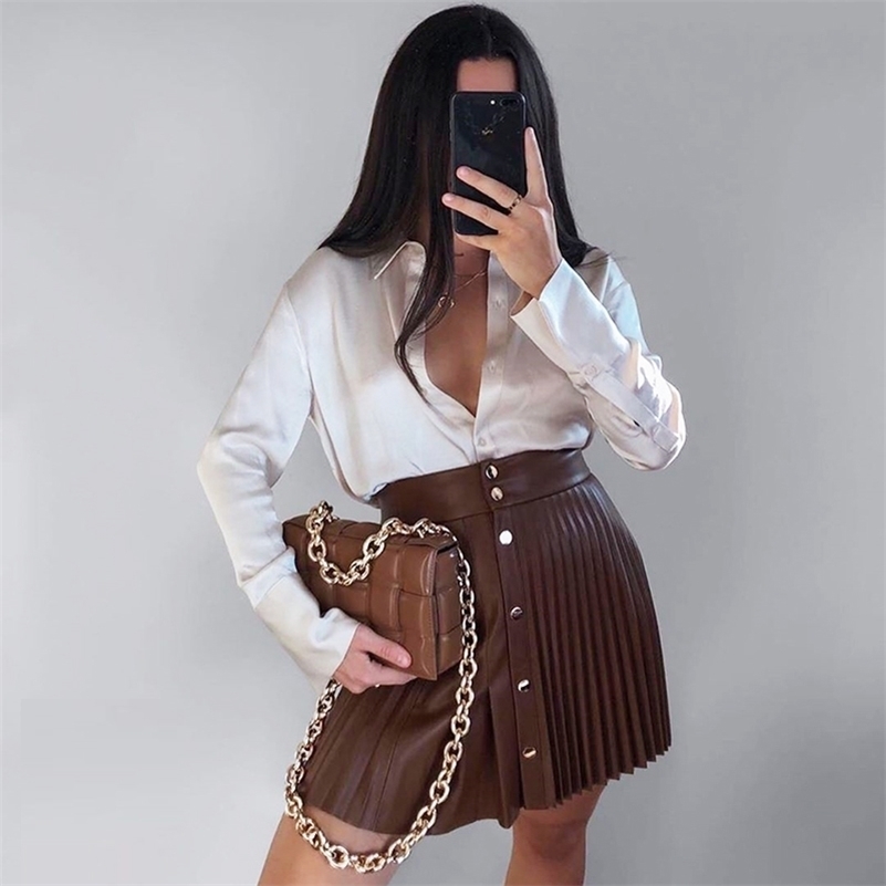 

solid pu leather skirt high waist buttons sexy mini pleated skirt Asymmetrical fashion faldas cortas za women autumn 210518, Brown