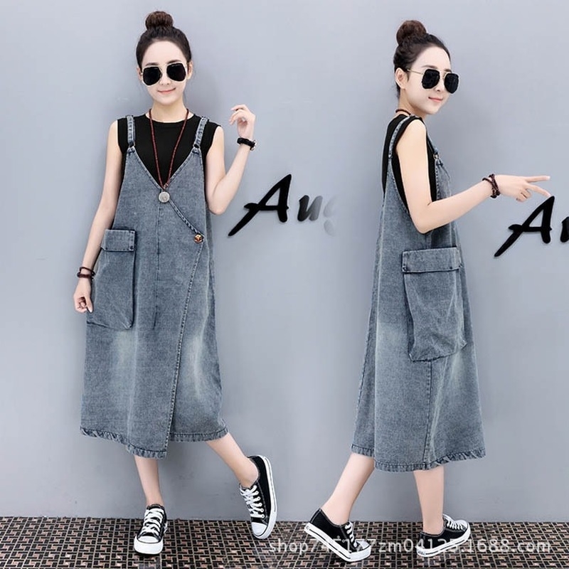 

Summer Adjustable Strap Denim Dress Sundress Women Sleeveless Long Plus Size Dresses for Womens Korean Street Robe Femme 210603, Blue