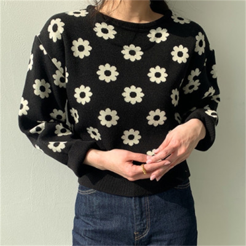 

Autumn Korean Floral Knitted Sweaters Tops Women Long Sleeve O-neck Fashion Elegant Ladies Pullovers Femme 210518, Grey blue