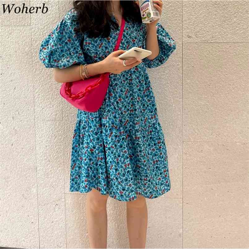 

Korean Elegant Sweet Blue Floral Mini Summer Dress Women Ladies Short Puff Sleeve Vintage Dresses Casual Vestidos 210519