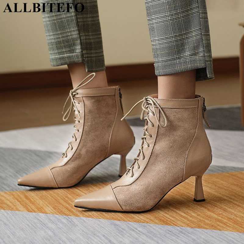 

ALLBITEFO genuine leather+flock sexy high heels ankle boots women high heel shoes autumn office ladies shoes women heels 210611, As picture