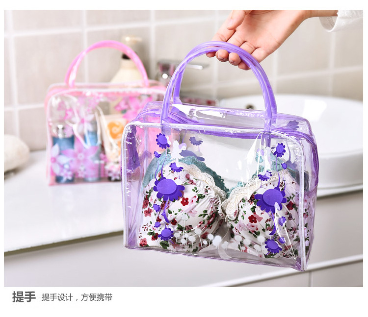 

pvc finishing floral transparent washing bag, bathing cosmetic bag, outdoor travel storage washing bag, waterproof washing, Blue