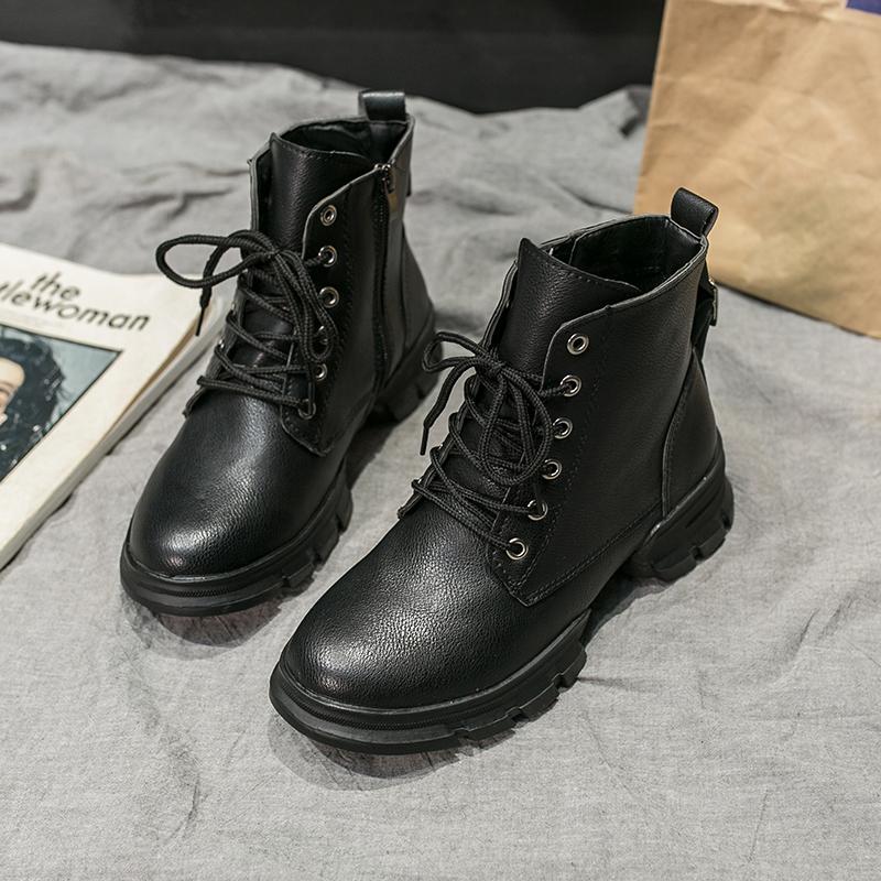 

Solid Leather Motorcycle Boots 2021 Autumn Winter Ankle For Women Shoes Woman Lace Up Mid Heels Plus Size, Black