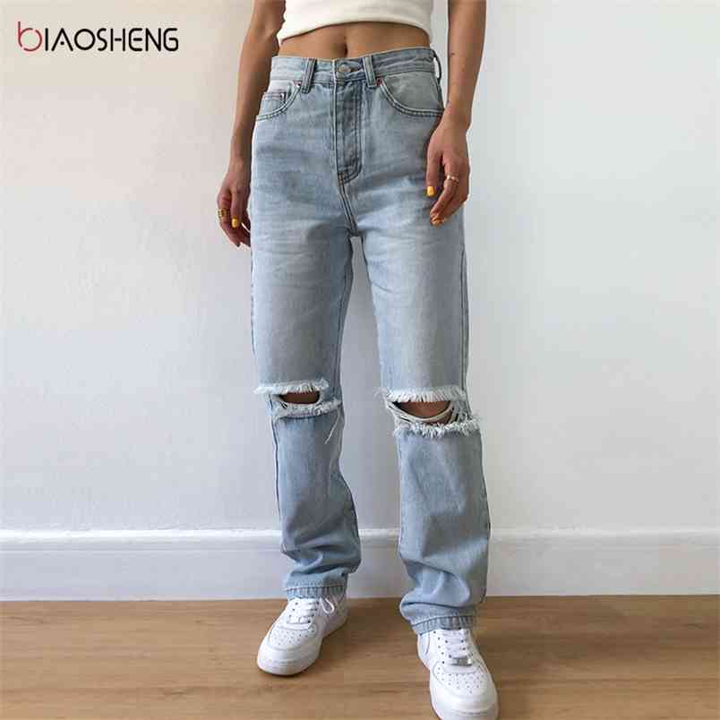 

Ripped Jeans Women High waist Mom Baggy Straight Pants Fashion Casual Loose Trousers Female Full Length Y2k 210708, Light blue