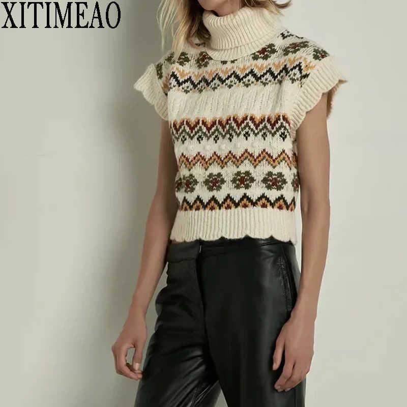 

ZA Women Fashion Color Matching Sleeveless Sweater Vintage stitching Stretch Female Knitted Vest Chic Tops 210604, As picture