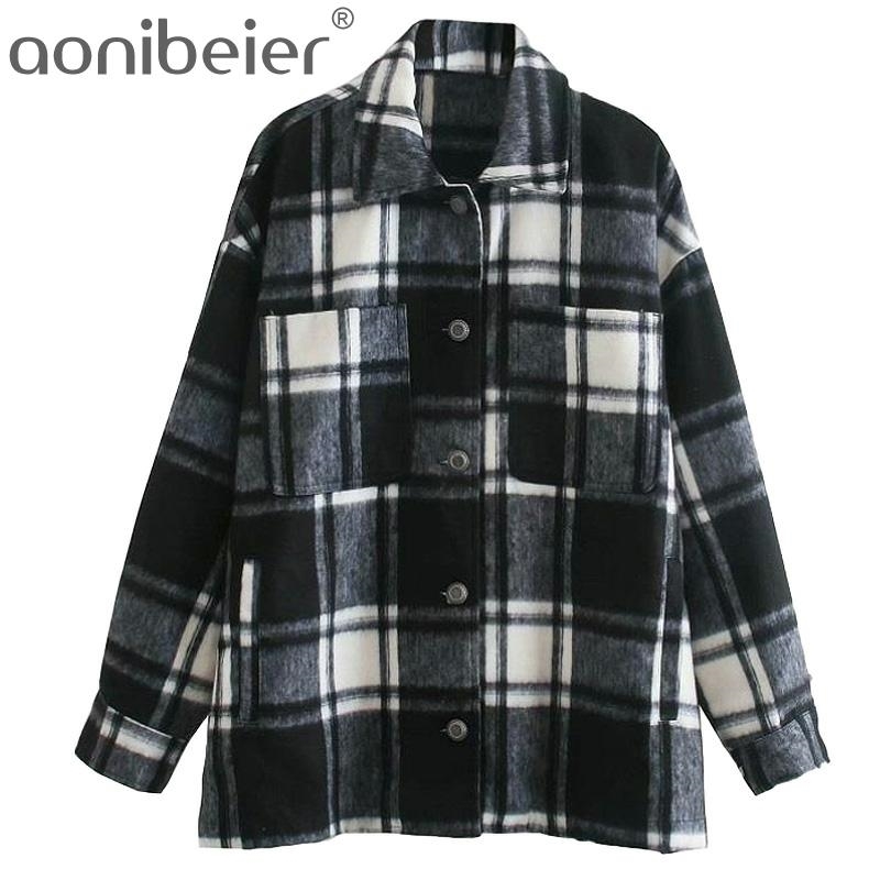 

Vintage Plaid Shirt Jacket Cotes Woolen Coat Female Loose Long Streetwear Overszie Plus Size Outwear 210604, Black