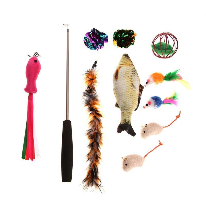 

Cat Toys 11Pcs Pet Set Retractable Teaser Wand Catnip Fish Feather Balls Mice Toy