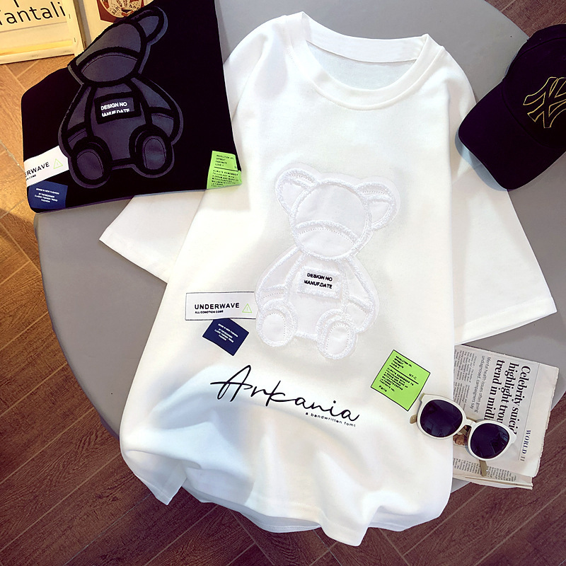 

2021 Women's Design T-shirt Short Sleeve Girl Bear Shirt White Student Top Couple's Wear Simple And Stylish Summer