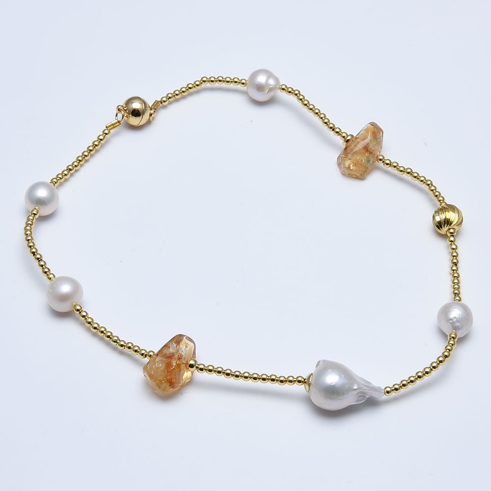 

GuaiGuai Jewelry Natural White Keshi Pearl Yellow Citrine Nugget Chokers Necklace Baroque Pearl Pendant Handmade For Women