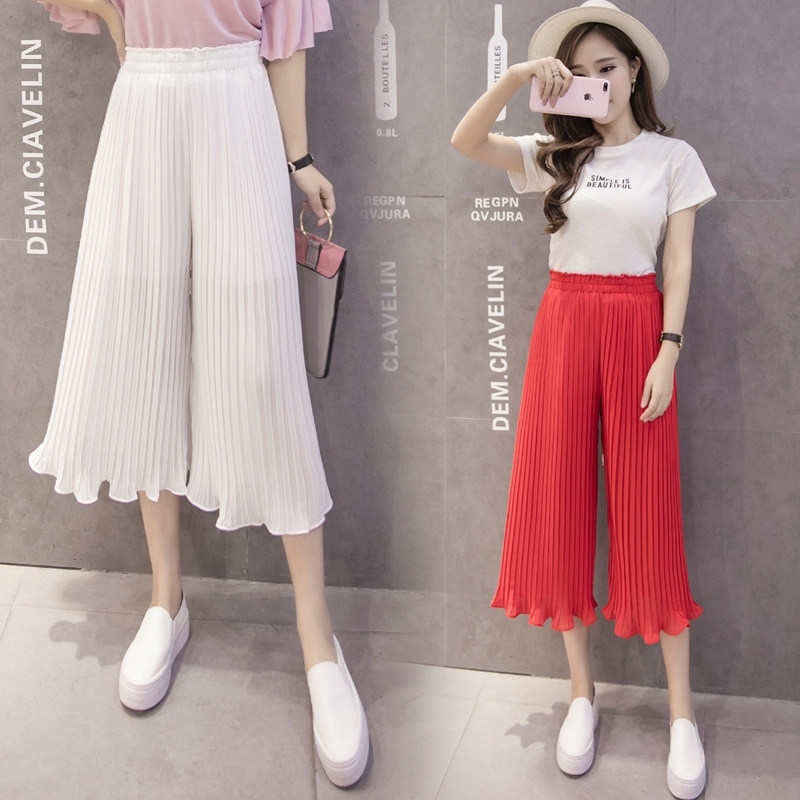 

High Quality Korean Spring Summer Wide Leg Pants Women Casual Loose Waist Women' Pleated Chiffon Trousers 210603, Navy blue
