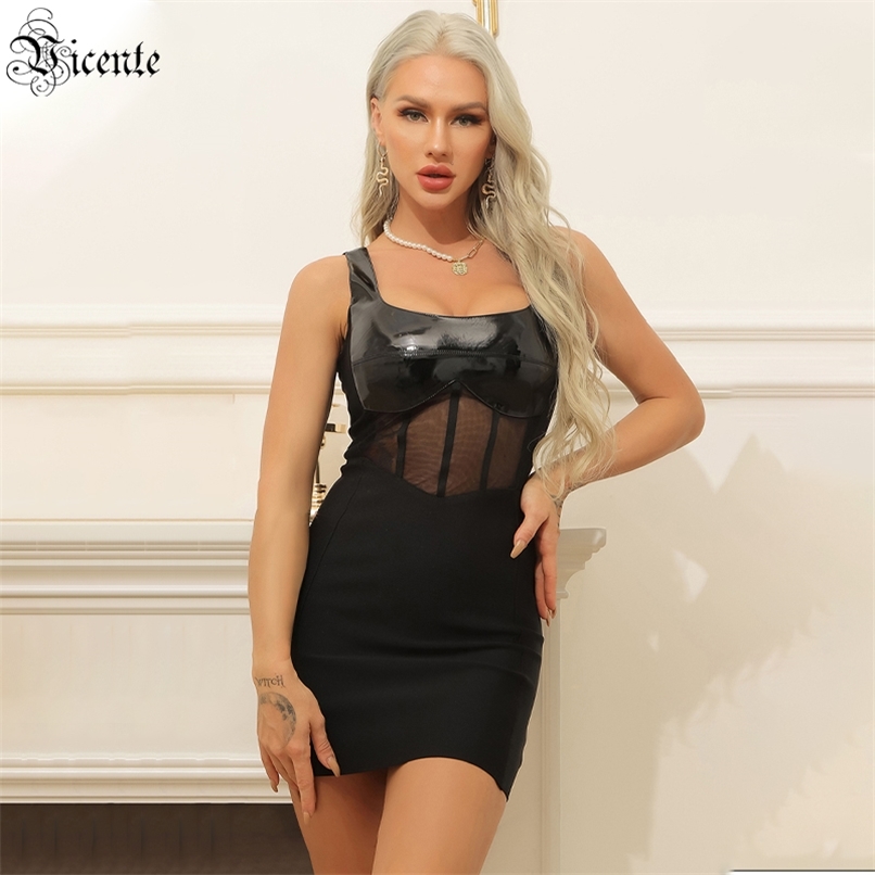 

Ladies Dress Celebrity Party Cocktail Black Pu Tulle Stitching Bandage 210520