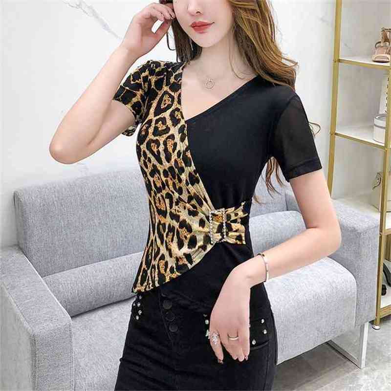 

Summer European Clothes T-shirt Fashion Sexy V-Neck Patchwork Mesh Leopard Women Tops Ropa Mujer Short Sleeve Tees T03005 210708, Picture color tshirt