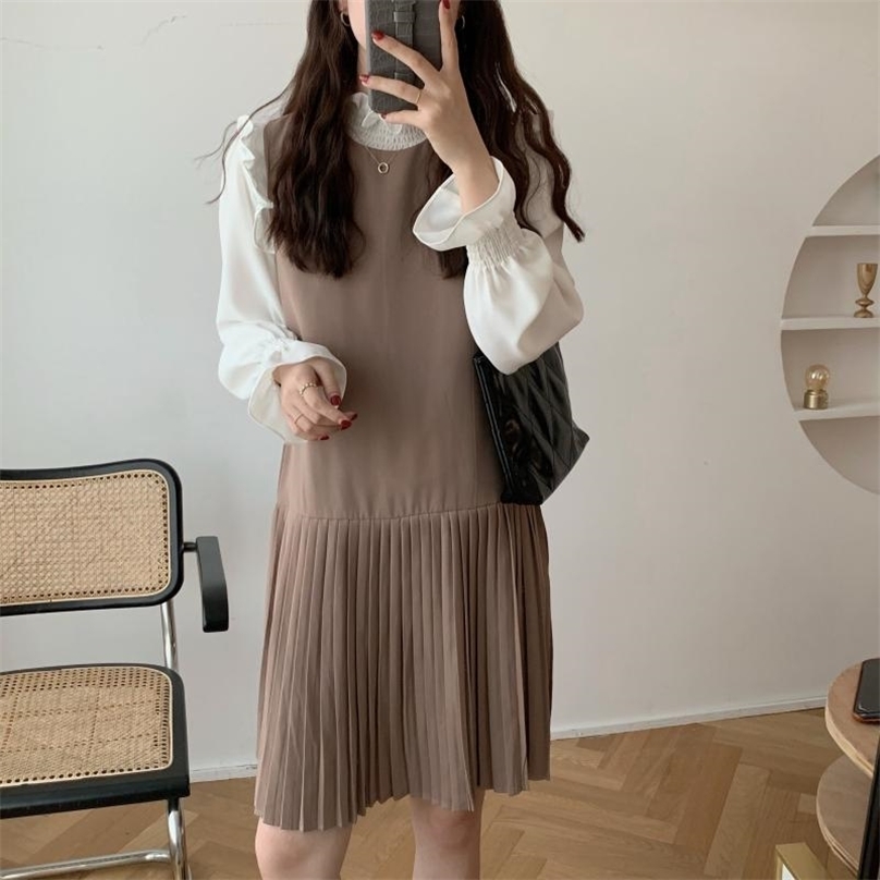 

Women French Retro Two Pieace Suit Set Pleated Dress O-Neck Solid Gentle Elegant Chic Female Fashion Clothe 210525, Black