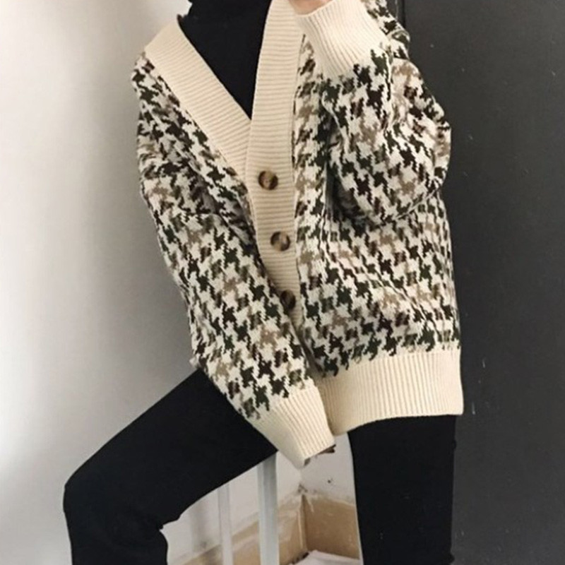 

Houndstooth V NECK Women' Knitted Cardigans Single Breasted Loose Autumn Winter Long Sleeve Female Sweater Casual Ladies Jumper 210518, Apricot color