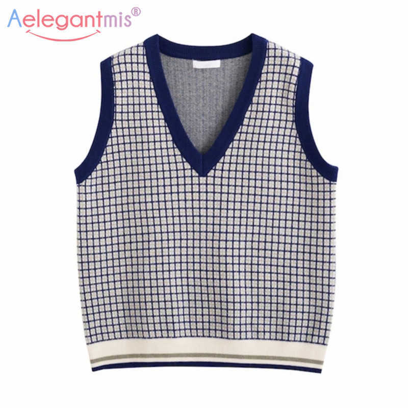 

Aelegantmis Vintage Plaid Knitted Vest Women Retro Student V Neck Casual Basic Korean Waistcoat Female Sleeveless Outwear 210607, Blue